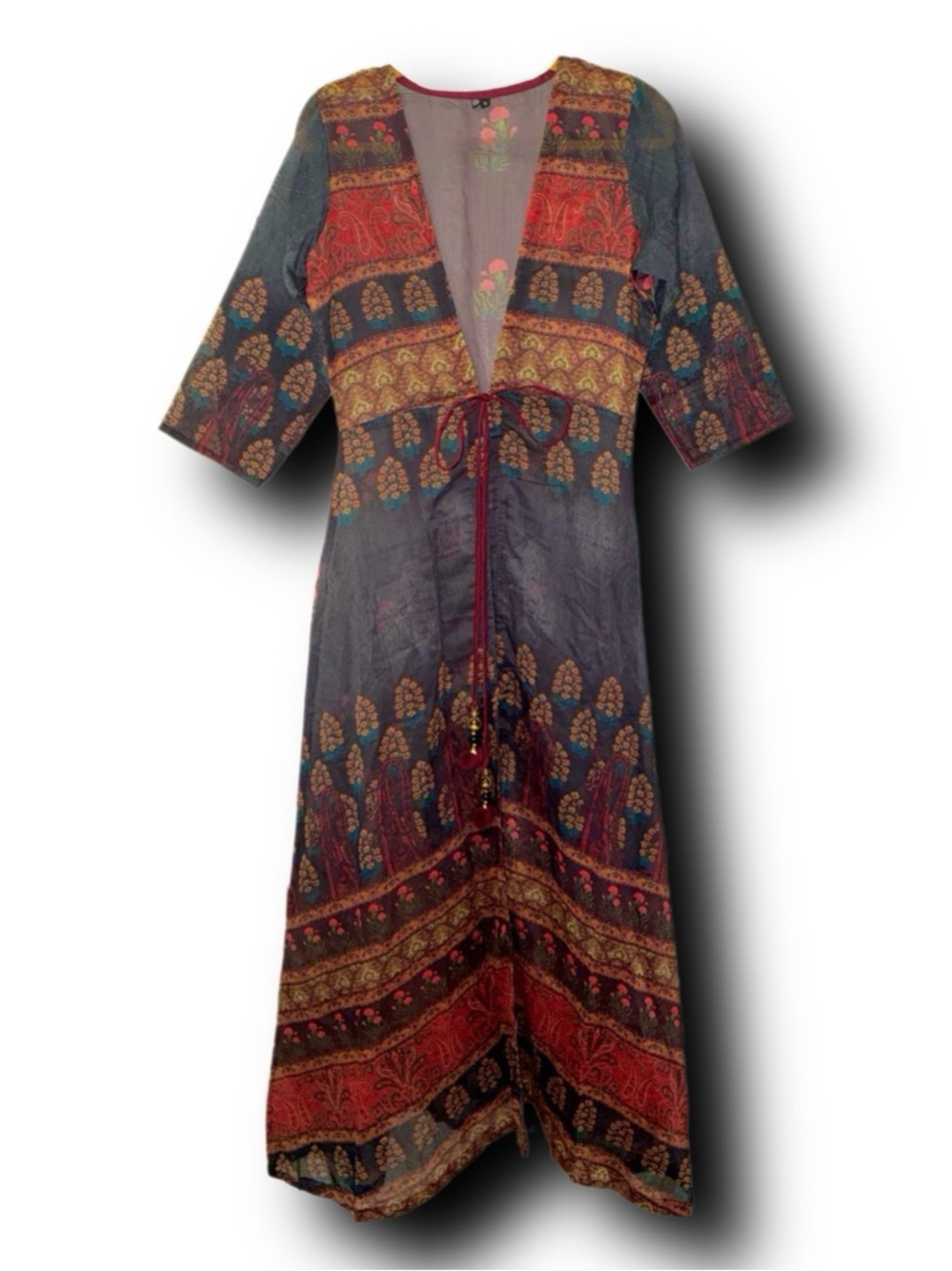 Vintage 80s Boho Printed Open-Front Duster w Elbow Length Sleeves & Tasseled Tie